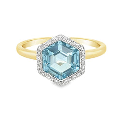 Hexagonal Blue Topaz & Diamond Ring 9ct Gold