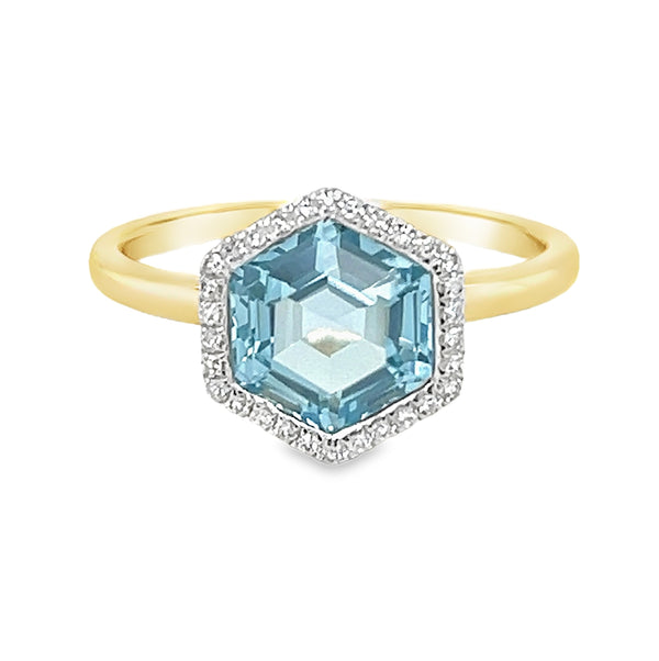 Hexagonal Blue Topaz & Diamond Ring 9ct Gold