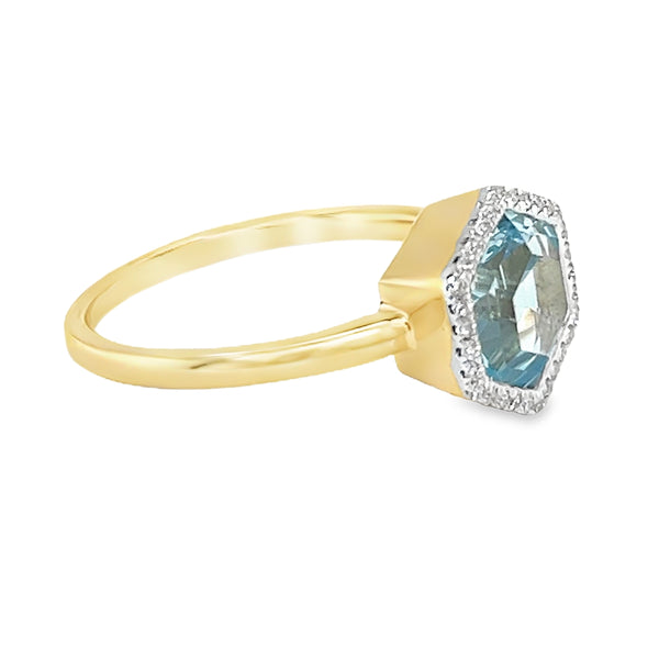 Hexagonal Blue Topaz & Diamond Ring 9ct Gold Side