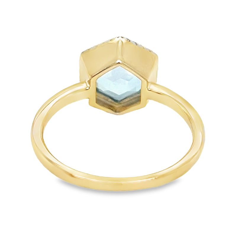 Hexagonal Blue Topaz & Diamond Ring 9ct Gold rear