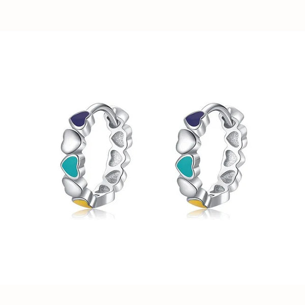 Sterling Silver Rainbow Heart Hoop Earrings