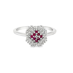 Ruby & Diamond Square Cluster Ring 9ct White Gold