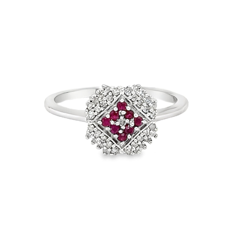 Ruby & Diamond Square Cluster Ring 9ct White Gold