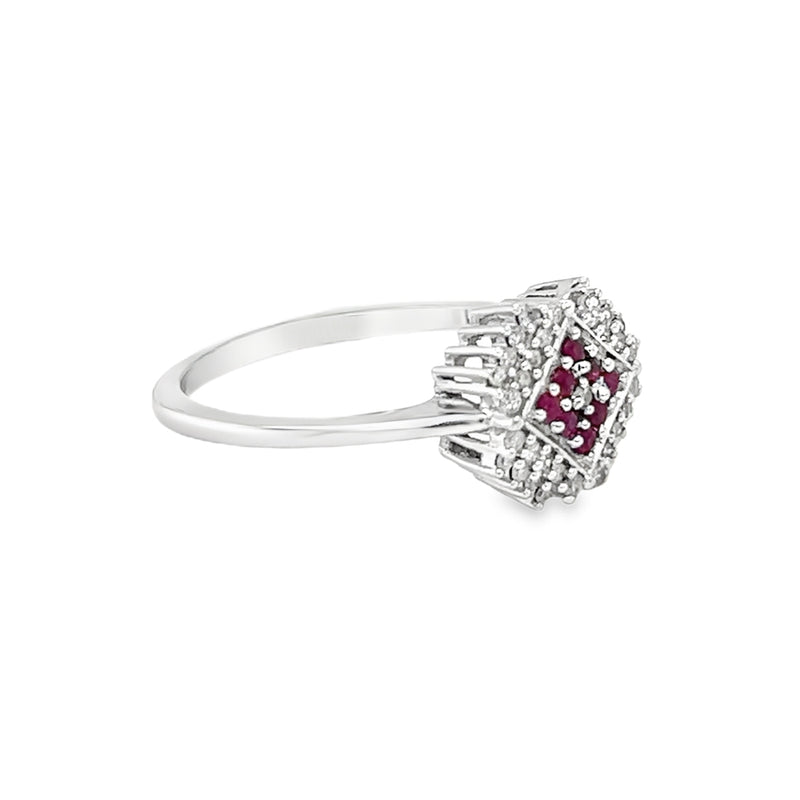 Ruby & Diamond Square Cluster Ring 9ct White Gold side