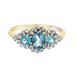 Pre Owned Blue Topaz & Diamond Trilogy Ring 9ct Gold