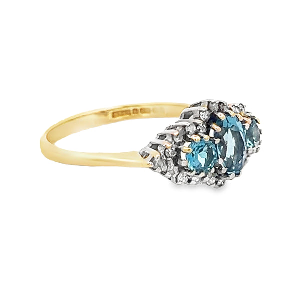 Pre Owned Blue Topaz & Diamond Trilogy Ring 9ct Gold