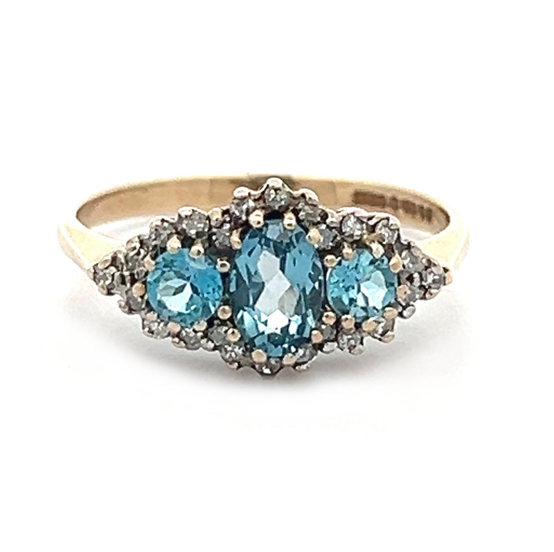 Pre Owned Blue Topaz & Diamond Trilogy Ring 9ct Gold