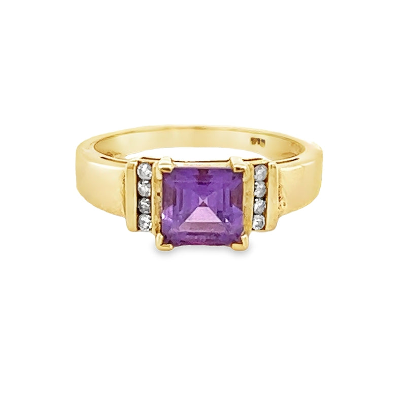 Pre Owned Square Amethyst & Diamond Ring 9ct Gold