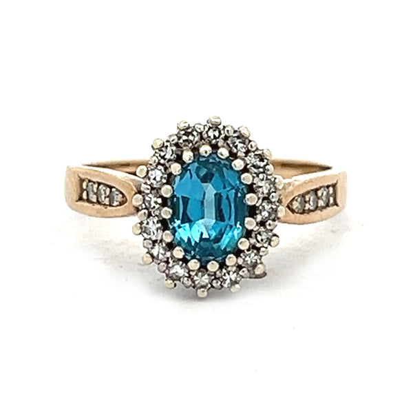 Pre Owned Blue Topaz & Diamond Oval Cluster Ring 9ct Gold