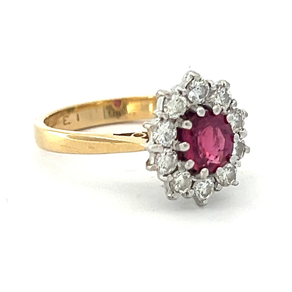 Pre Owned Ruby & Diamond Oval Cluster Ring 18ct Gold