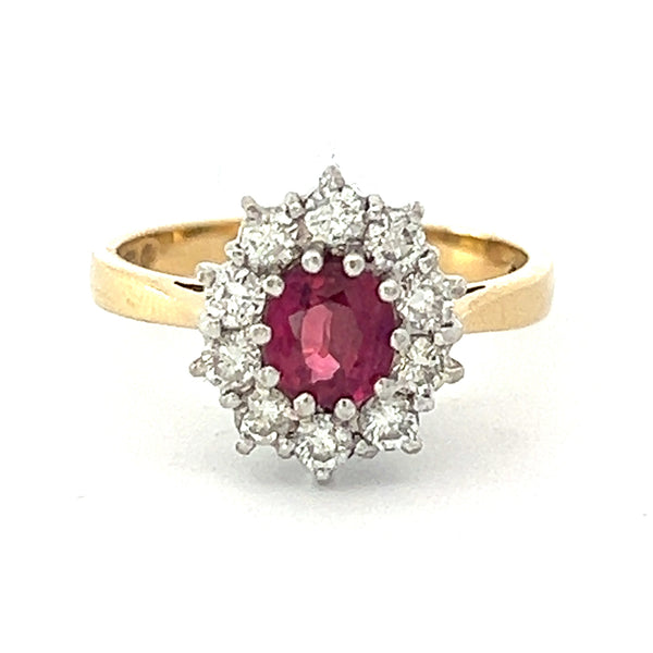 Pre Owned Ruby & Diamond Oval Cluster Ring 18ct Gold