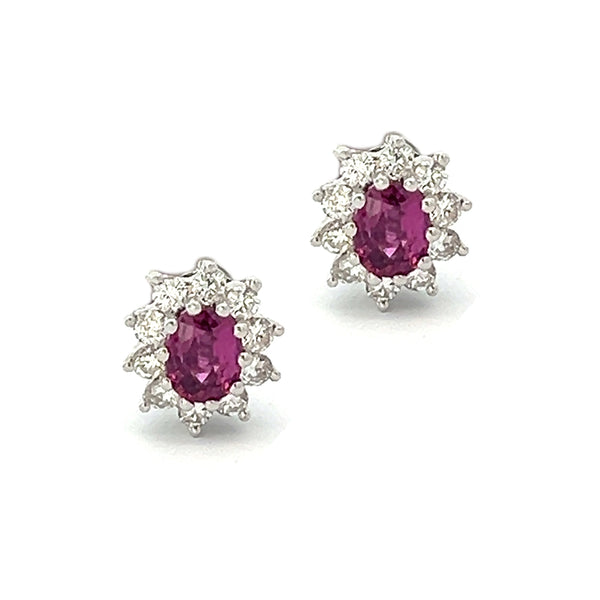 Pre Owned Ruby & Diamond Oval Cluster Earrings 18ct White Gold