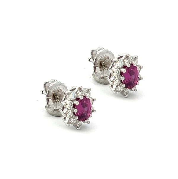 Pre Owned Ruby & Diamond Oval Cluster Earrings 18ct White Gold side