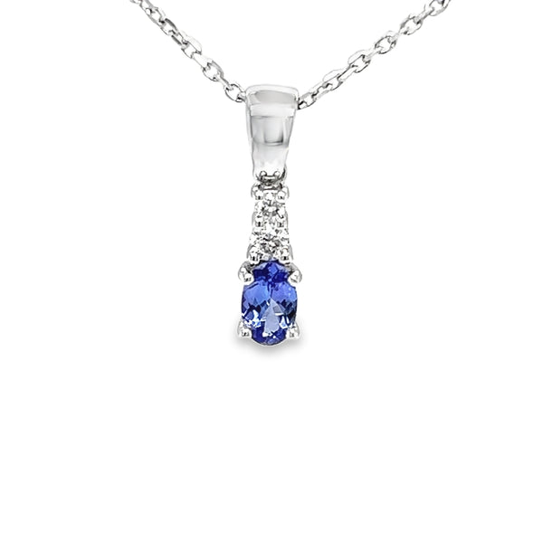 9ct White Gold Tanzanite & Diamond Drop Pendant