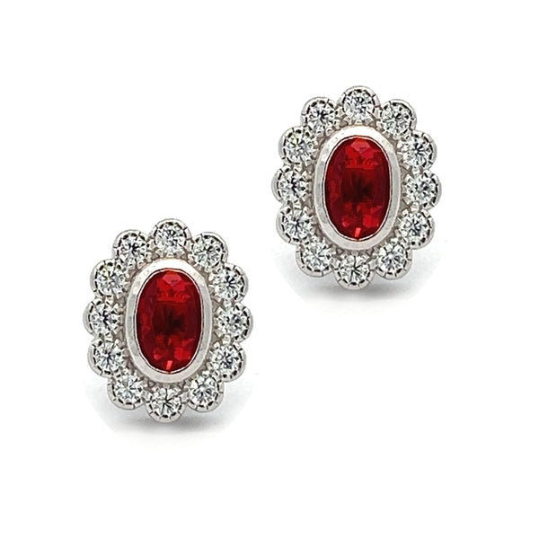 Ruby Red CZ Vintage Style Oval Cluster Stud Earrings