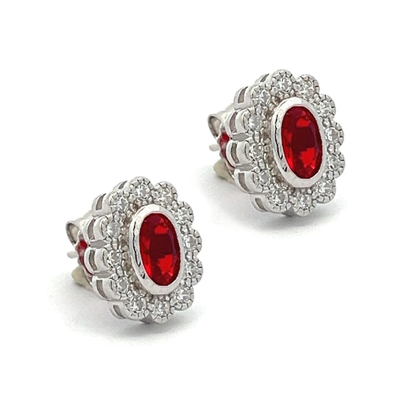 Ruby Red CZ Vintage Style Oval Cluster Stud Earrings side