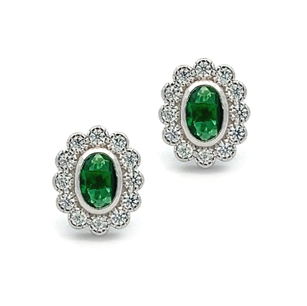 Emerald Green CZ Vintage Style Oval Cluster Stud Earrings