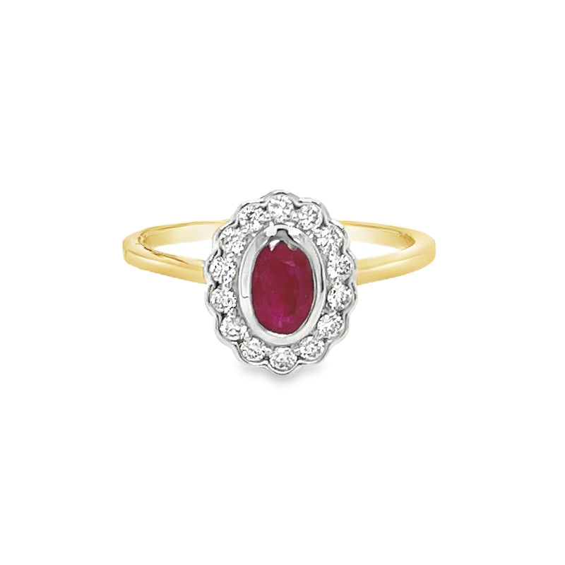 Ruby & Diamond Oval Cluster Ring 18ct Gold