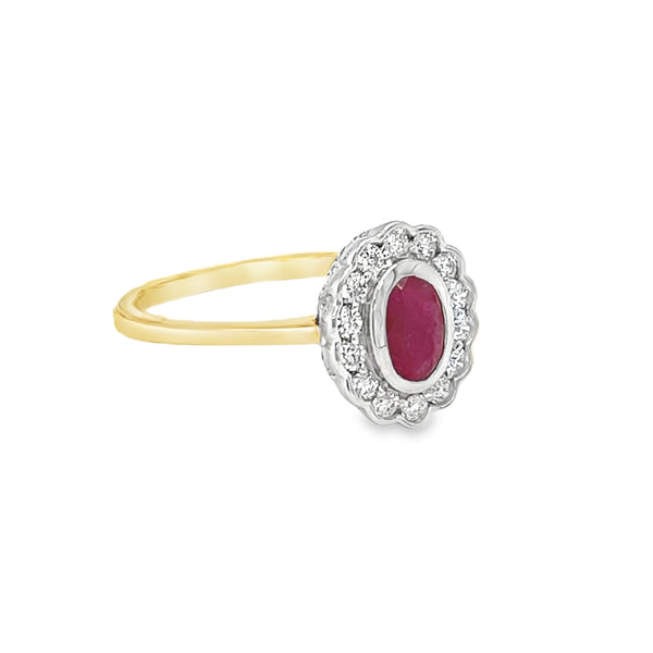 Ruby & Diamond Oval Cluster Ring 18ct Gold side