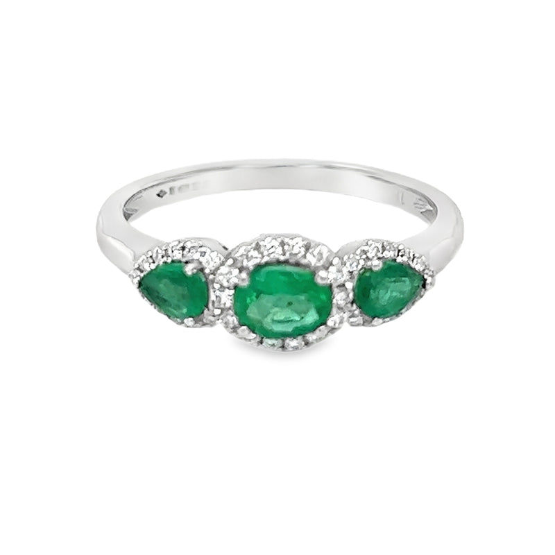 Emerald & Diamond Trilogy Halo Ring 18ct White Gold