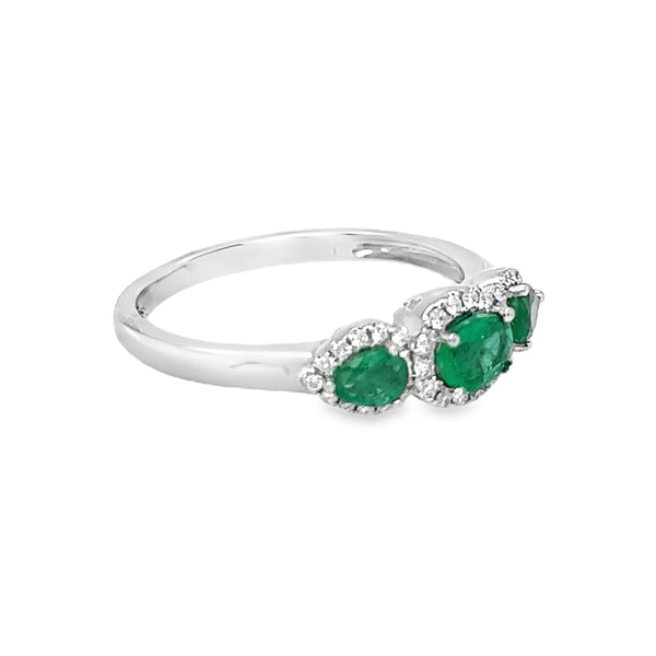 Emerald & Diamond Trilogy Halo Ring 18ct White Gold side