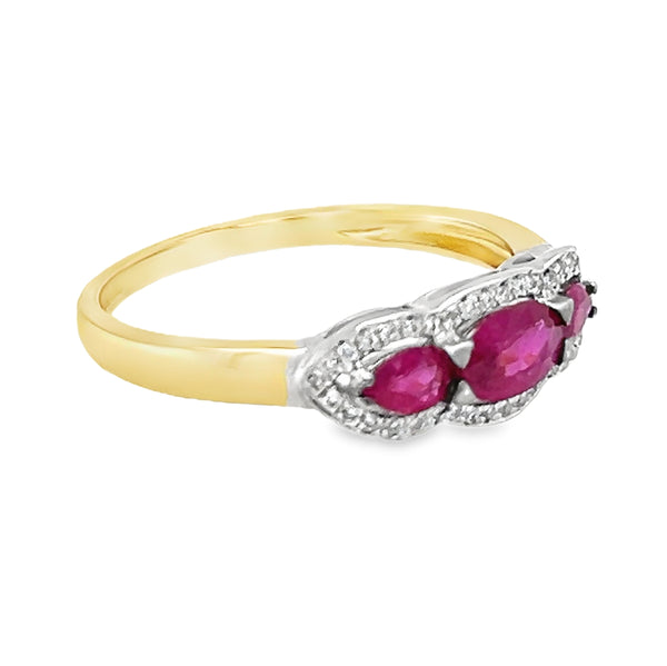 Trilogy Ruby & Diamond Halo Ring 18ct Gold side