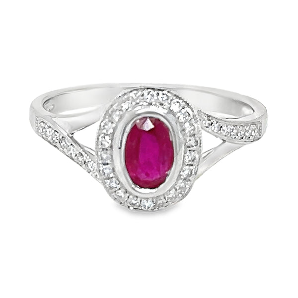 Oval Ruby & Diamond Cluster Ring 18ct White Gold