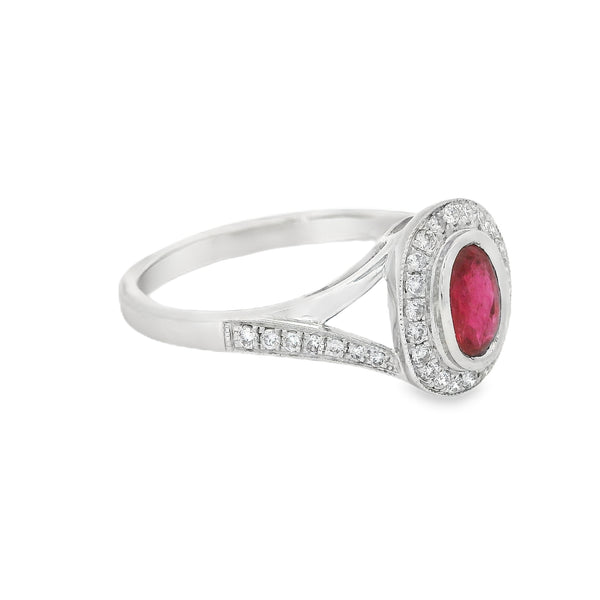 Oval Ruby & Diamond Cluster Ring 18ct White Gold side