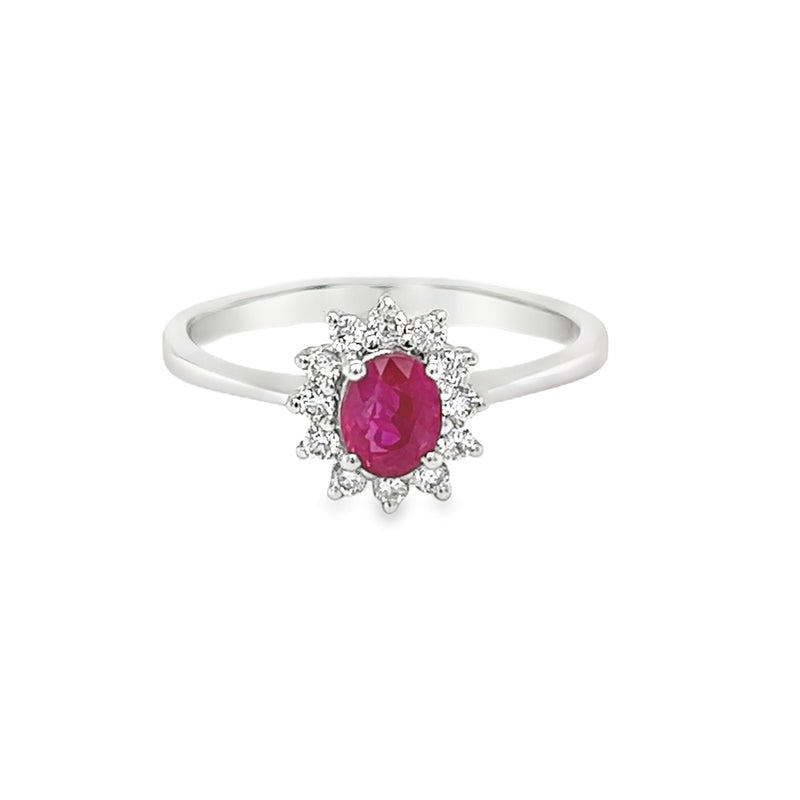 Ruby & Diamond Oval Cluster Ring 18ct White Gold