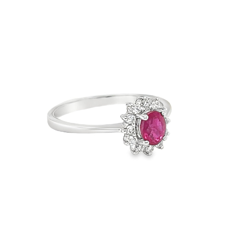 Ruby & Diamond Oval Cluster Ring 18ct White Gold side