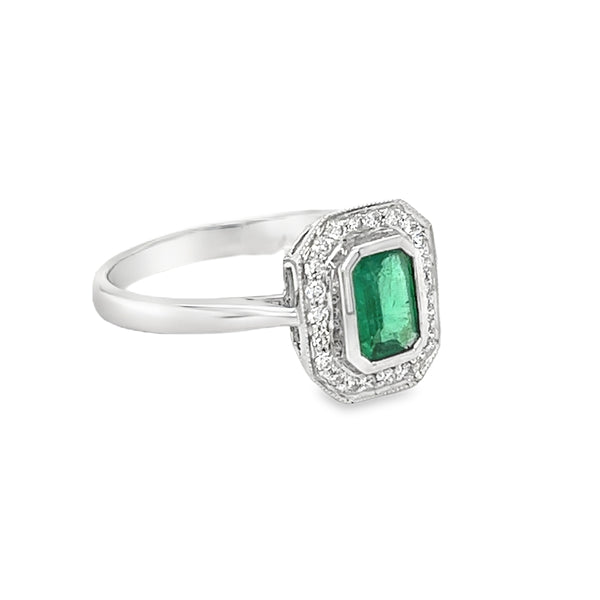 Emerald & Diamond Cluster Ring 18ct White Gold side