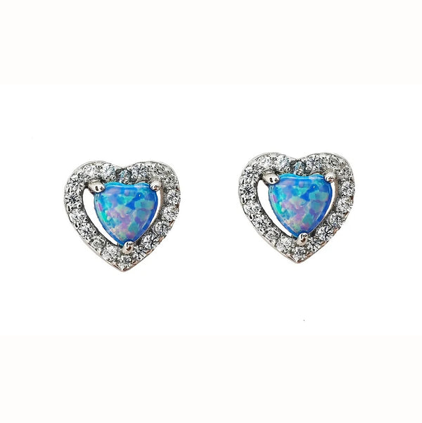 Sterling Blue Created Opal & CZ Heart Earrings