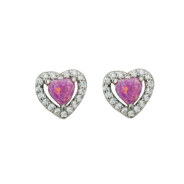 Sterling Pink Created Opal & CZ Heart Earrings