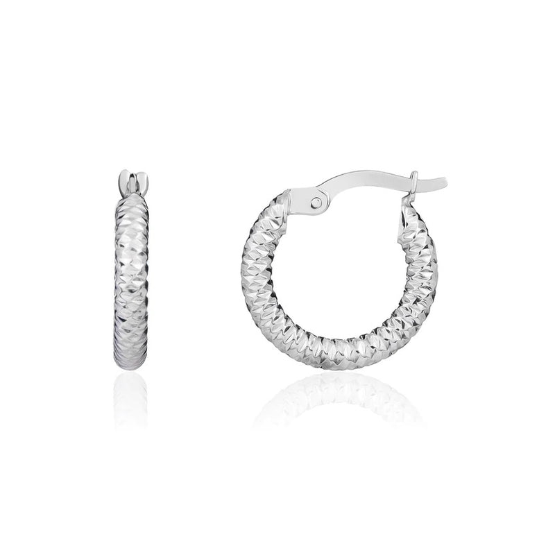 9ct White Gold Small Diamond Cut Hoop Earrings