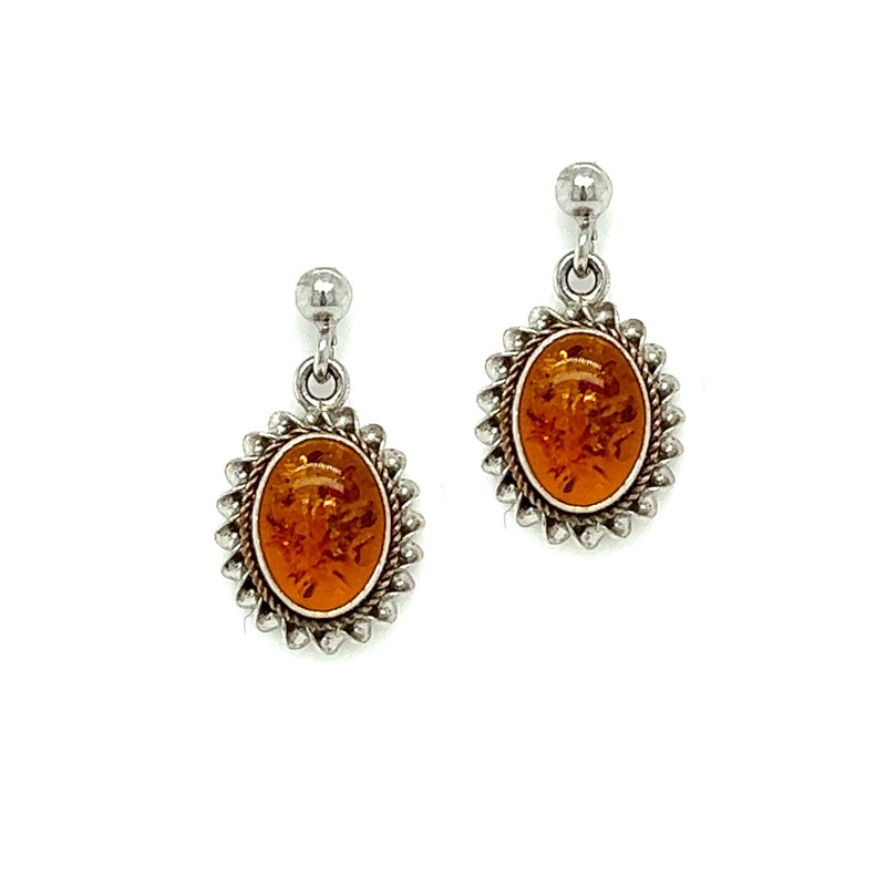 9ct White Gold Oval Amber Drop Earrings