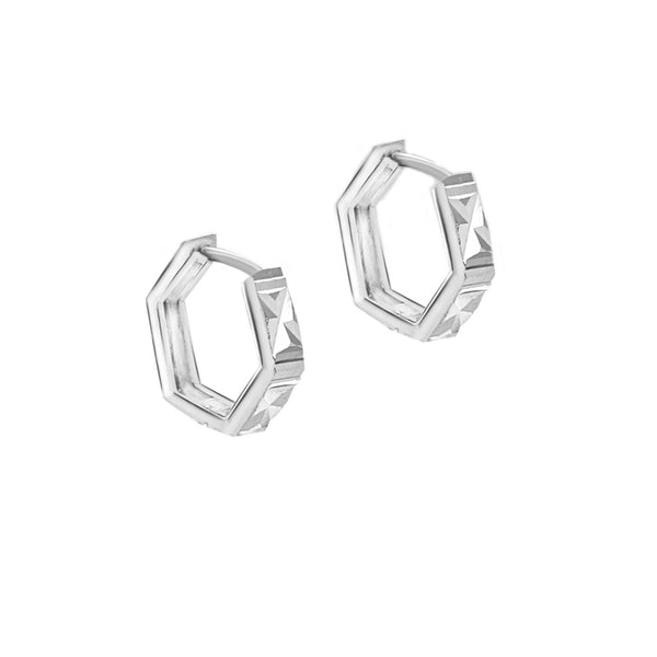 Sterling Silver Diamond Cut Hexagon Huggy Earrings