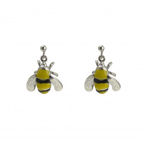 Silver Enamel Bee Drop Earrings