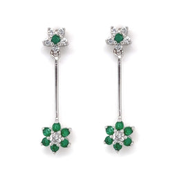 Sterling Silver Green & White CZ Long Daisy Drop Earrings