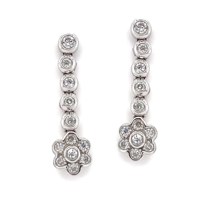 Sterling Silver CZ Long Daisy Drop Earrings