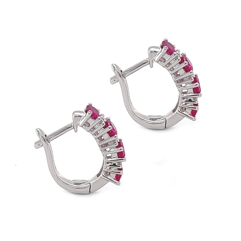 Sterling Silver Red & White CZ Half Hoop Earrings