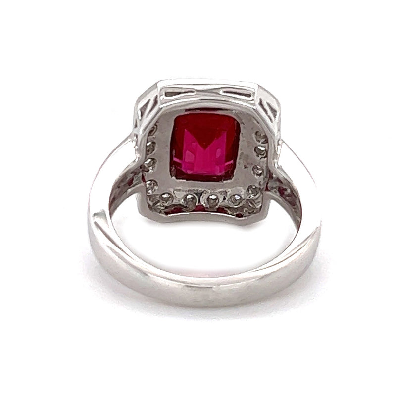 Silver Sapphire Red & White CZ Octagonal Ring