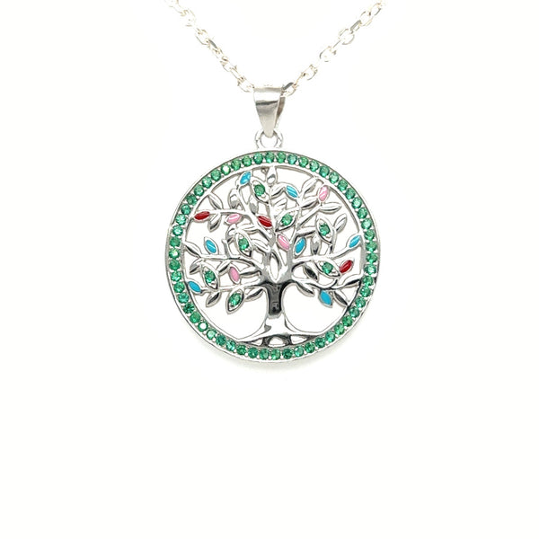 Sterling Silver Multi Colour Tree of Life CZ Necklace