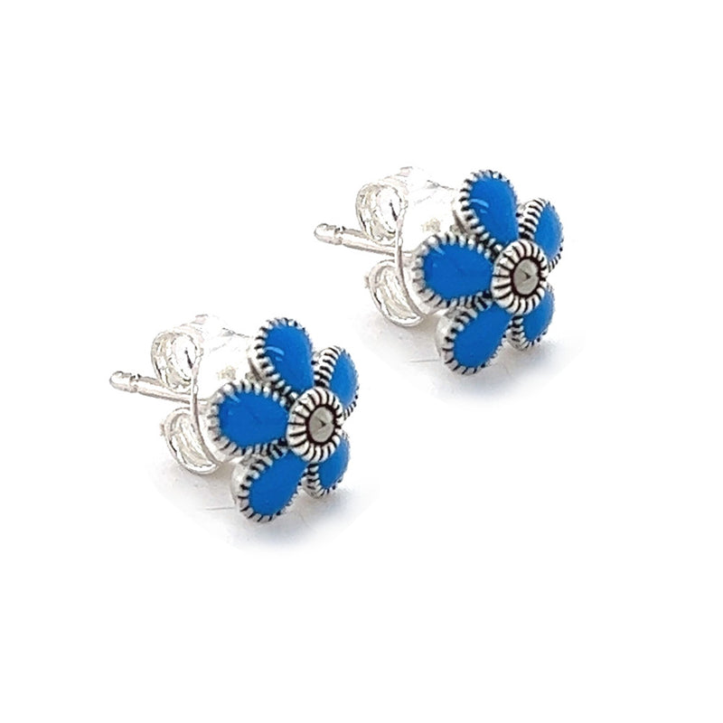 Silver Blue Enamel Flower Stud Earrings side