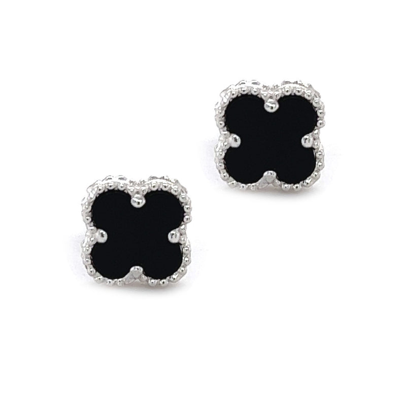 Silver Black Agate Clover Stud Earring