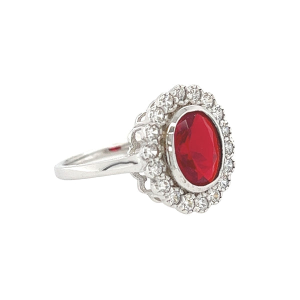 Silver CZ Vintage Style Rubover Red Ring